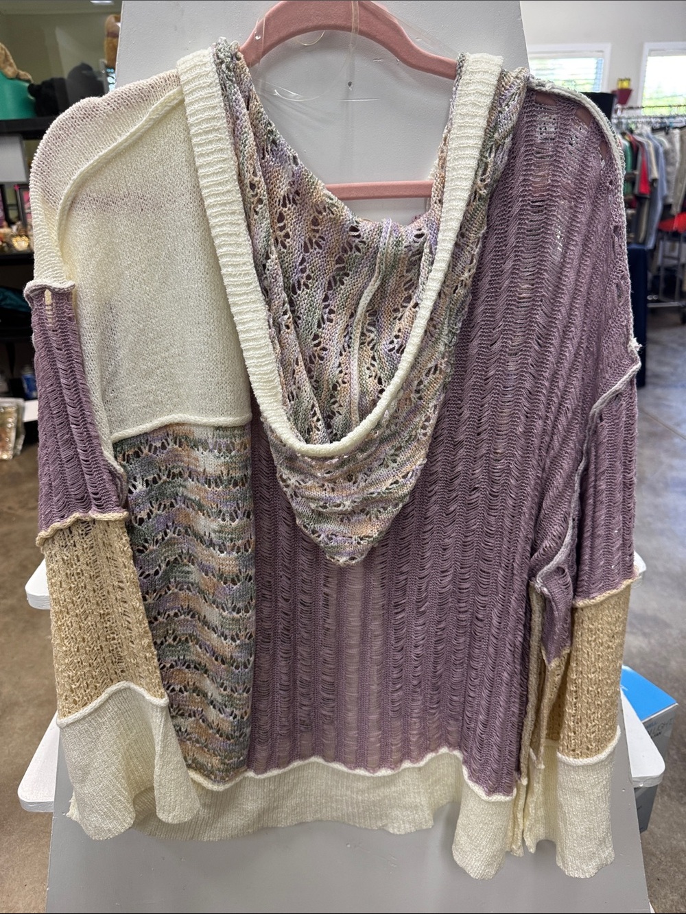 NWOT POL Lavender, Cream and Tan Mixed-Knit Hooded Cardigan - Picture 6 of 6